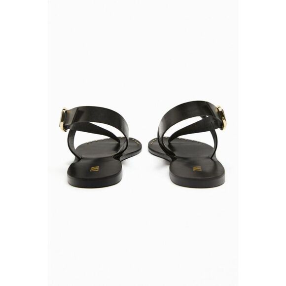 Black Zara Leather Gold Tone Studded Ankle Buckle Closure Flat Sandals (NWT) - Picture 4 of 9